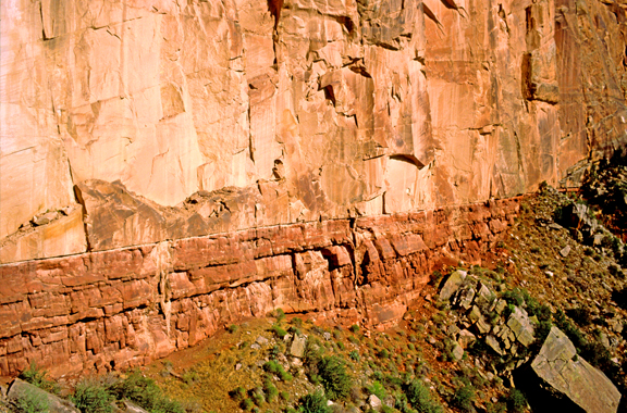 Disconformity between massive Coconino Sandstone and thinner bedded Hermit Shale, Grand Canyon