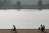 Biking around the Juche Tower, P'yongyang