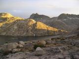 Evening light begins on Vee Lake, Gemini Peak on horizon ( I hiked from 3 Island lake over pass on right of Gemini Pk