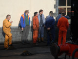 Loco shed staff in discussion.