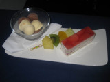 ANA flight: Dessert - Strawberry shortcake, premium chocolate and vanilla ice cream duo, fresh fruit on brochette