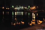 Geese in pond with river and EWEB building in the background