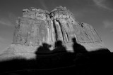 Shadow of the Three Gossips on Courthouse Towers at Sunset Black and White.jpg