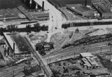 1928 aerial view of Parker St crossing, Merrimack St and future site of B&M station