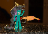 Still life with Gumby and rubber chicken
