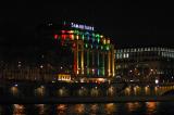 Many buildings and monuments are decorated with the Olympic colors