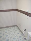 back bathroom, past the sink & turn left (no tub?)