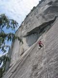 Heading up Merci Me, we will traverse out left then climb the R slanting crack to roof and bivy above that.