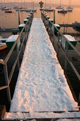 Snow jetty at sunset