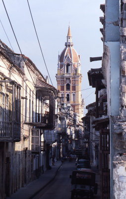 Old Town street scene and Cathedral of Cartagena