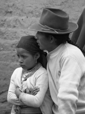 Otavalo Indian man with daughter at HCJB mobile clinic