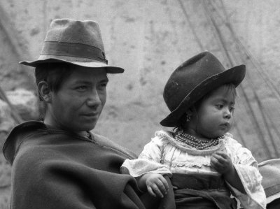 Otavalo Indian man with daughter at HCJB mobile clinic