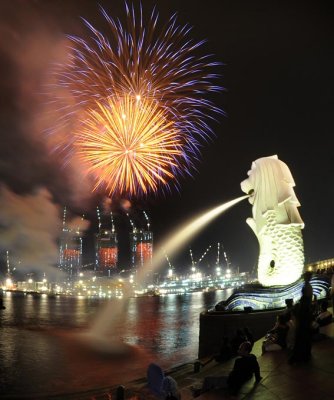Merlion and fireworks