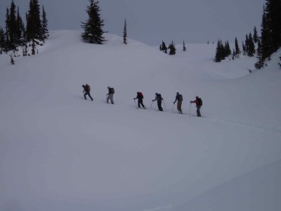 six skiers all in a row