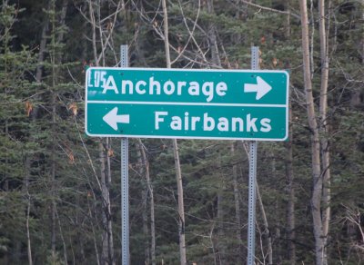 Fairbanks left, Los Anchorage right (Denali Road and Parks Highway Junction sign)