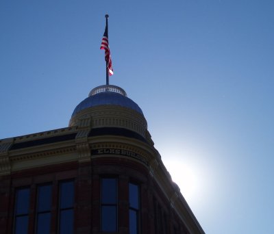 Sunday Morning Blue Sky Aspen, 1881 Elks Building and Flag