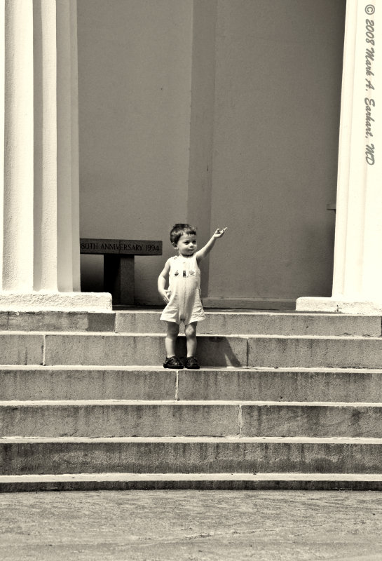 Our Little Orator, On the Steps of the Chapel On North Campus In Black and White.
