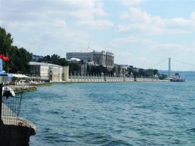 Looking along shoreline to another palace