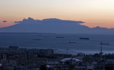 Sunset on the mighty Mount Olympus in clouds