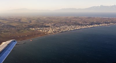 Flying over the Bay of Thessaloniki just after take-off