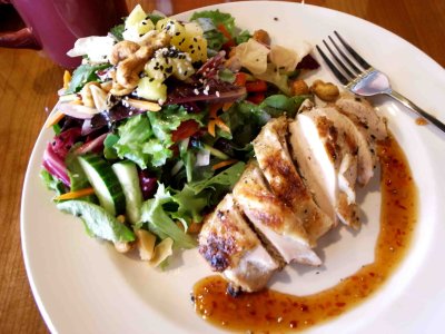 Grilled chicken salad and mango sauce.