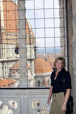 Victoria in Giottos Campanile with the Duomo in the background - Florence