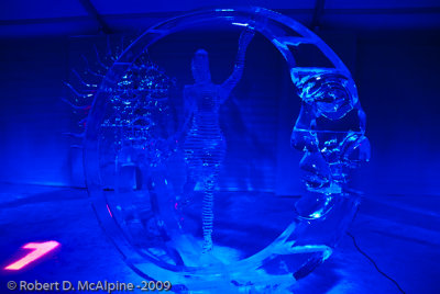 The 2009 winning ice sculpture Ephmride lit in blue