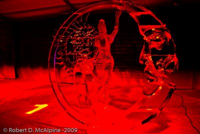The 2009 winning ice sculpture Ephmride lit in red