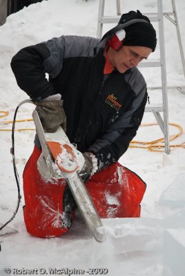 Many tools are used to carve the clear blocks of ice
