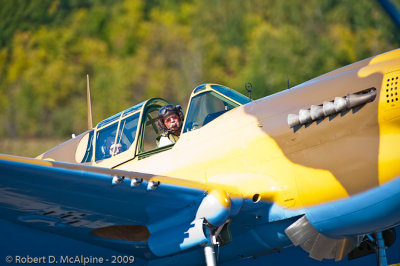 Dave Hadfield taxiing the Kittyhawk onto the ramp following the memorable flight with Stocky in the rear seat.