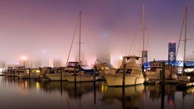Marina, City, and Fog