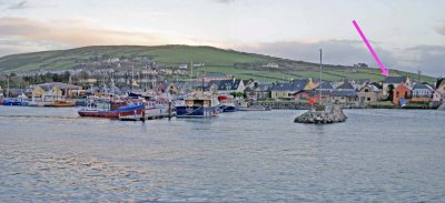 Arrow indicates location of Cois Cuain house - Taken from the main pier