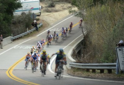 Peloton with Lance (blurred) in yellow helmet, Levi hidden behind Lance