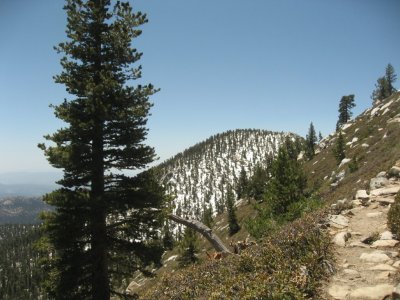 Last switchback showing snow on opposite hill