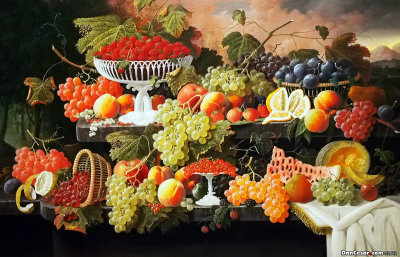Two-Tiered Still Life with Fruit and Sunset Landscape, ca. 1867