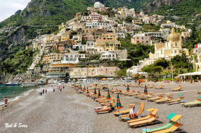 wide view of  Positano and the beach
