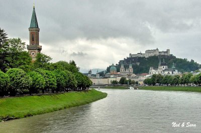 the Salzach River separates old and new towns in Salzburg