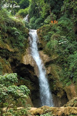 monks at top of  Khouang Si Waterfall