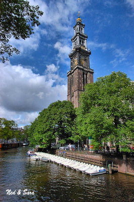 the Westerkerk  towers above the canal and much of the city