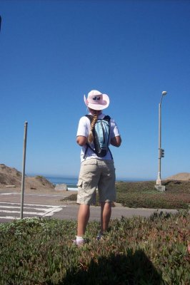 Jessica stops to check out the surf