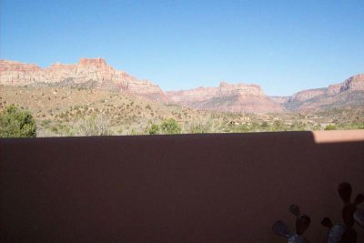 Looking out from the front door towards other peaks of Zion