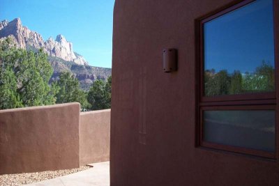 Guest room window with Zion in background