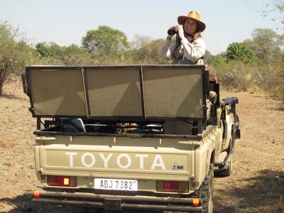 Cynthia in the safari vehicle