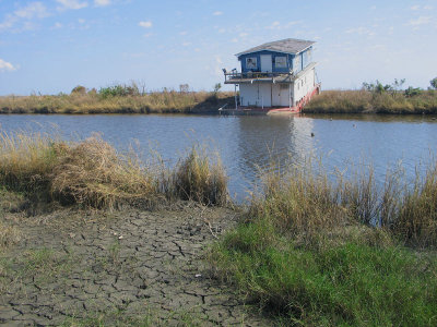 A homeless houseboat in the marsh.