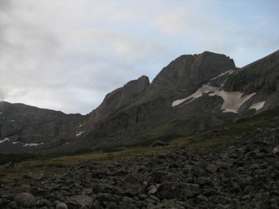Kit Carson Peak (14,165') Summit Block (right of ctr), and Columbia Pt, aka Kit-Kat (13,980') left of notch