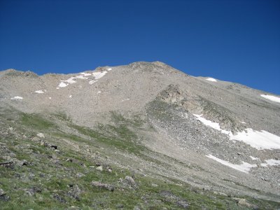 Mt Massive (14,421') Summit (above snowfield patch), False Summit on left