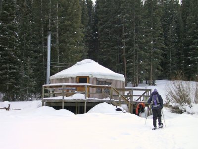 Linda Approaching Laughing Moose Yurt, Our Home for 3 Nights