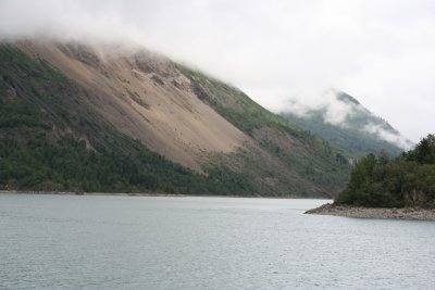 This is an area that was cleared by a major earthquake that sent the entire side of the mountain down into the water.