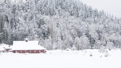 red barn and snow