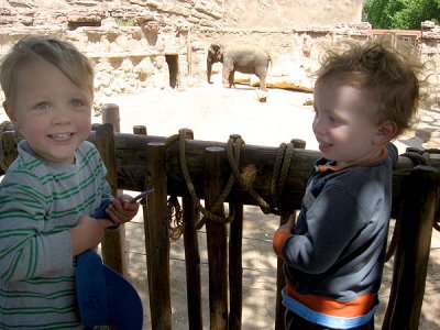 Simon and Ethan with elephant